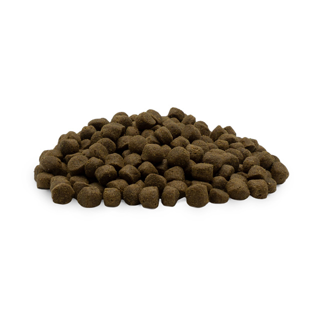 Fischfutterpellets Braune, runde Fischfutterpellets auf einem Haufen.