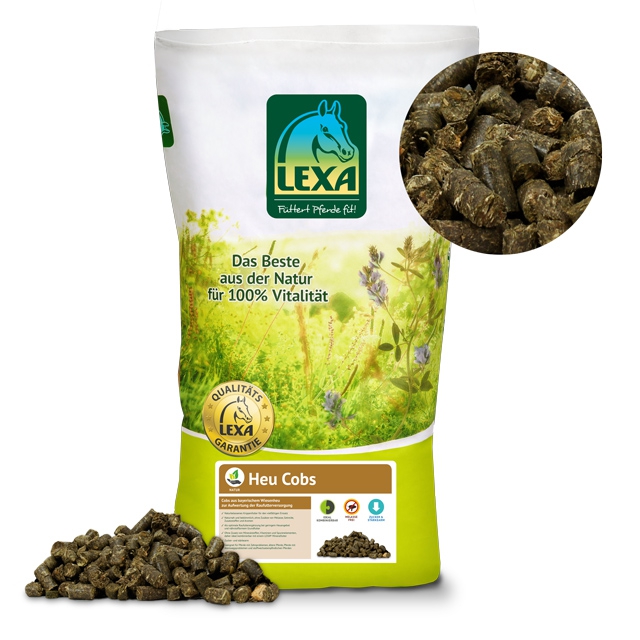 LEXA Heu Cobs Futterpellets LEXA Heu Cobs, natürliche Futterpellets für Pferde, in einer grünen Verpackung mit abgebildeten Heu-Cobs.