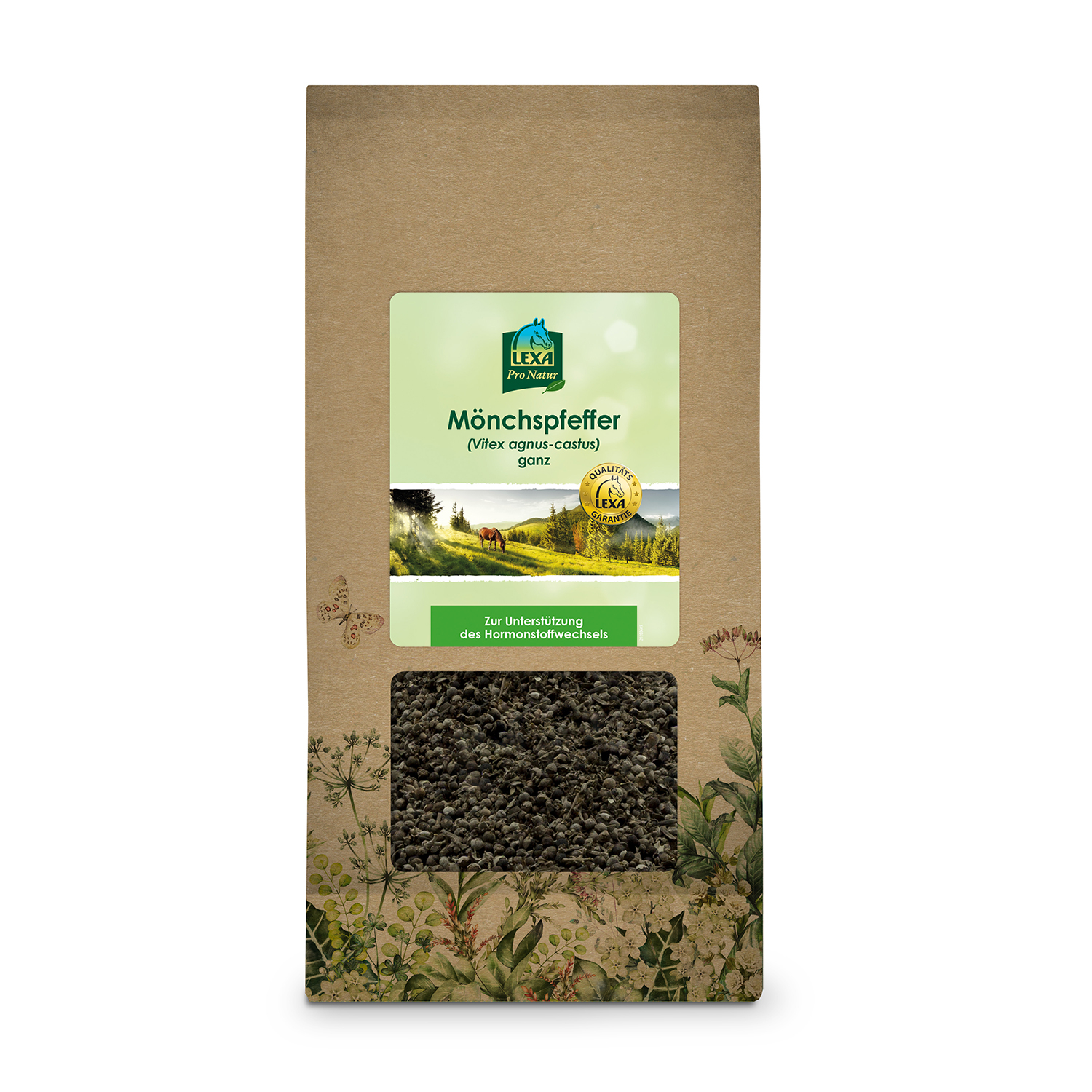 Mönchspfeffer Samen Verpackung Verpackung mit Mönchspfeffer (Vitex agnus-castus) Samen, braune Tüte (Papier mit Sichtfenster) mit grünem Etikett und Abbildung von Pflanzen.