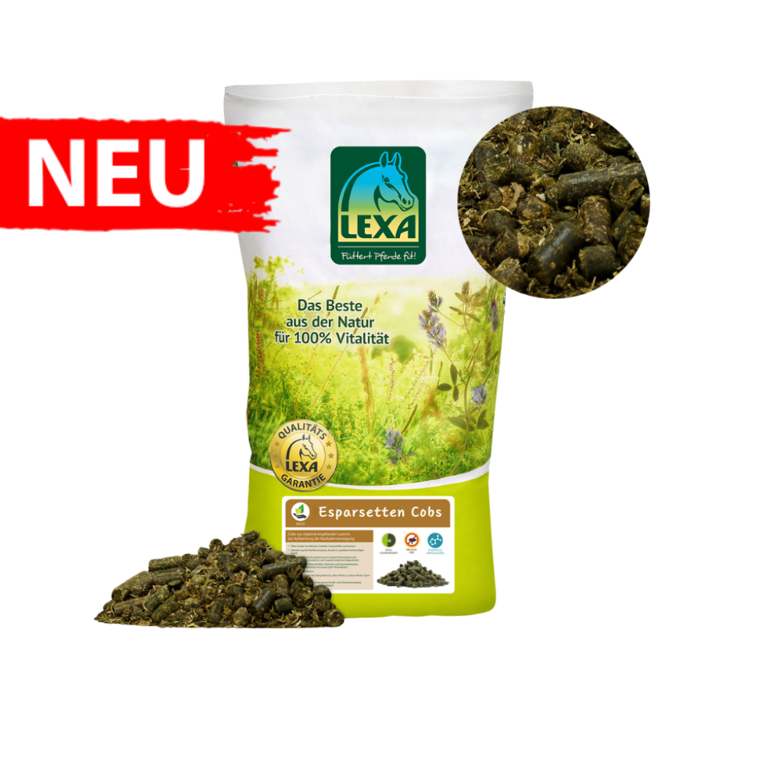 Esparsette Cobs, mit einer grüner Wiesen darauf und einem Produktbild. Zudem einem roten Flyer mit der Aufschrift "Neu"