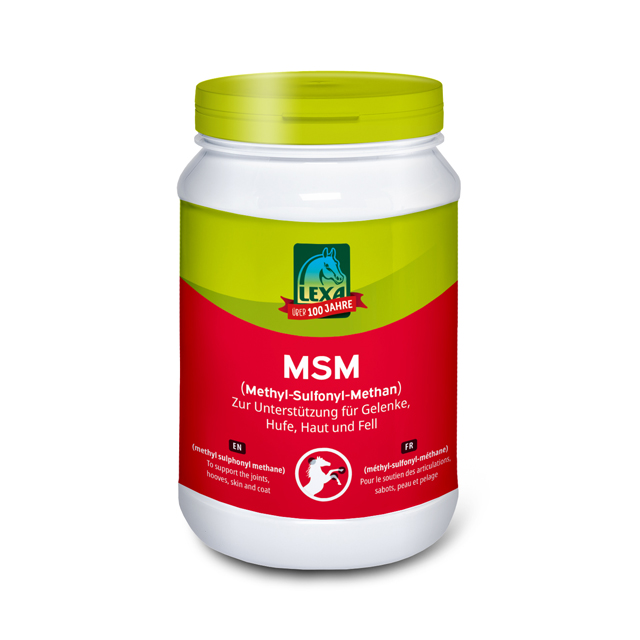 MSM Pulver von LEXA MSM (Methylsulfonylmethan) Pulver zur Unterstützung von Gelenken, Hufen, Haut und Fell, in einer Dose (Kunststoff) mit grünem Deckel.