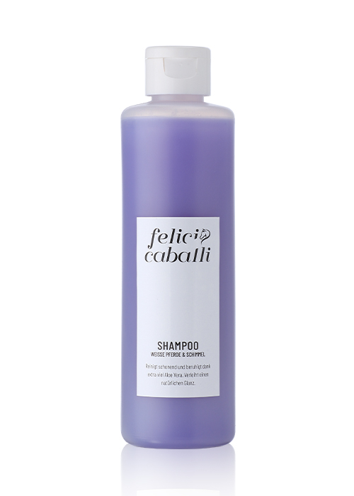 Felici Cabali Shampoo Lila Shampoo-Flasche von Felici Cabali, mit weißem Etikett und schwarzer Schrift.