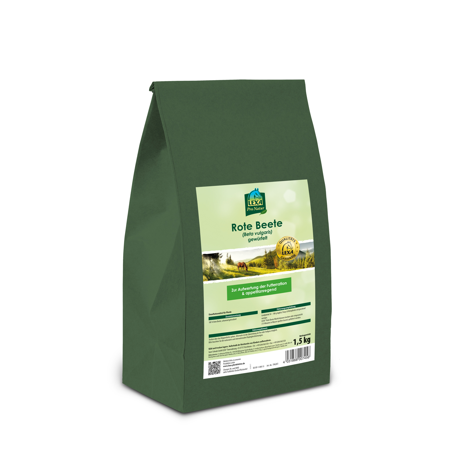 Verpackung von getrockneten roten Beeten Verpackung mit 1,5 kg getrockneten roten Beeten, grüne Tüte mit Logo und Produktinformationen.