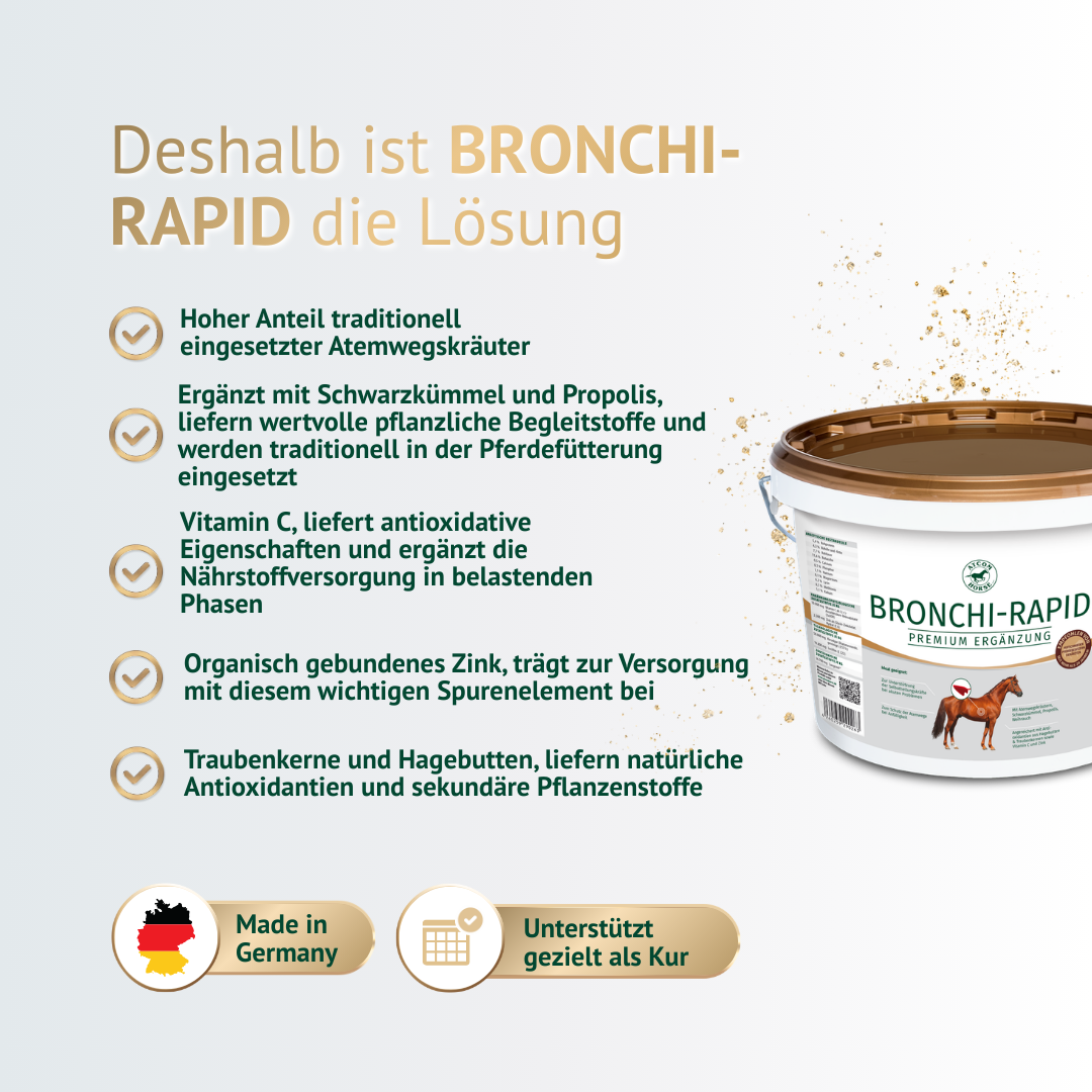 ATCOM Bronchi-Rapid Kräuterergänzung für Pferde mit traditionell eingesetzten Atemwegskräutern, Vitamin C und Zink