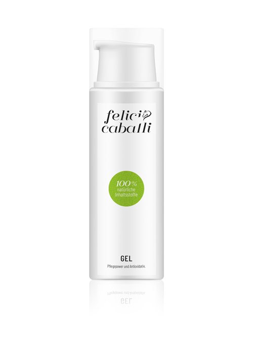 Felic Caballi Gel Felic Caballi Gel, 100% natürliche Inhaltsstoffe, in einer weißen Flasche mit grünem Etikett.