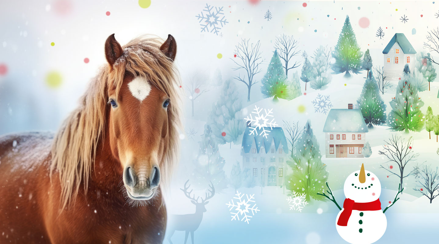 Ein braunes Pferd mit einer Mähne steht vor einer winterlichen Landschaft mit schneebedeckten Bäumen und Häusern.