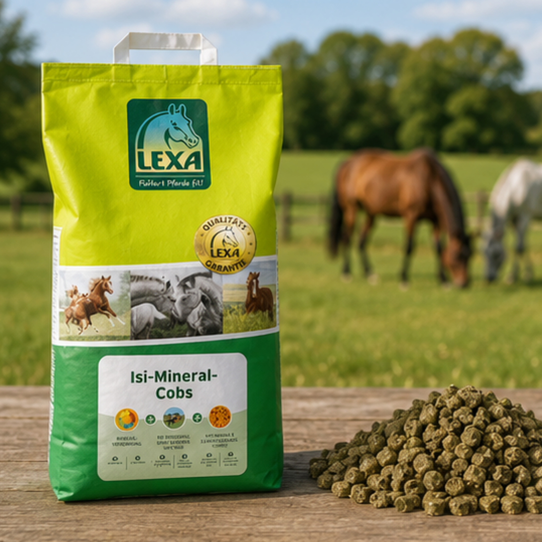 LEXA Isi-Mineral-Cobs Futtersack auf einer Weide mit Cobs im Vordergrund und Pferden im Hintergrund.