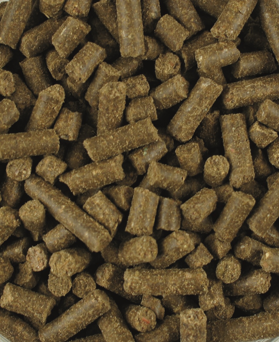 Derma-Akut Pellets Braune Tierfutterpellets in verschiedenen Größen, dicht gepackt.