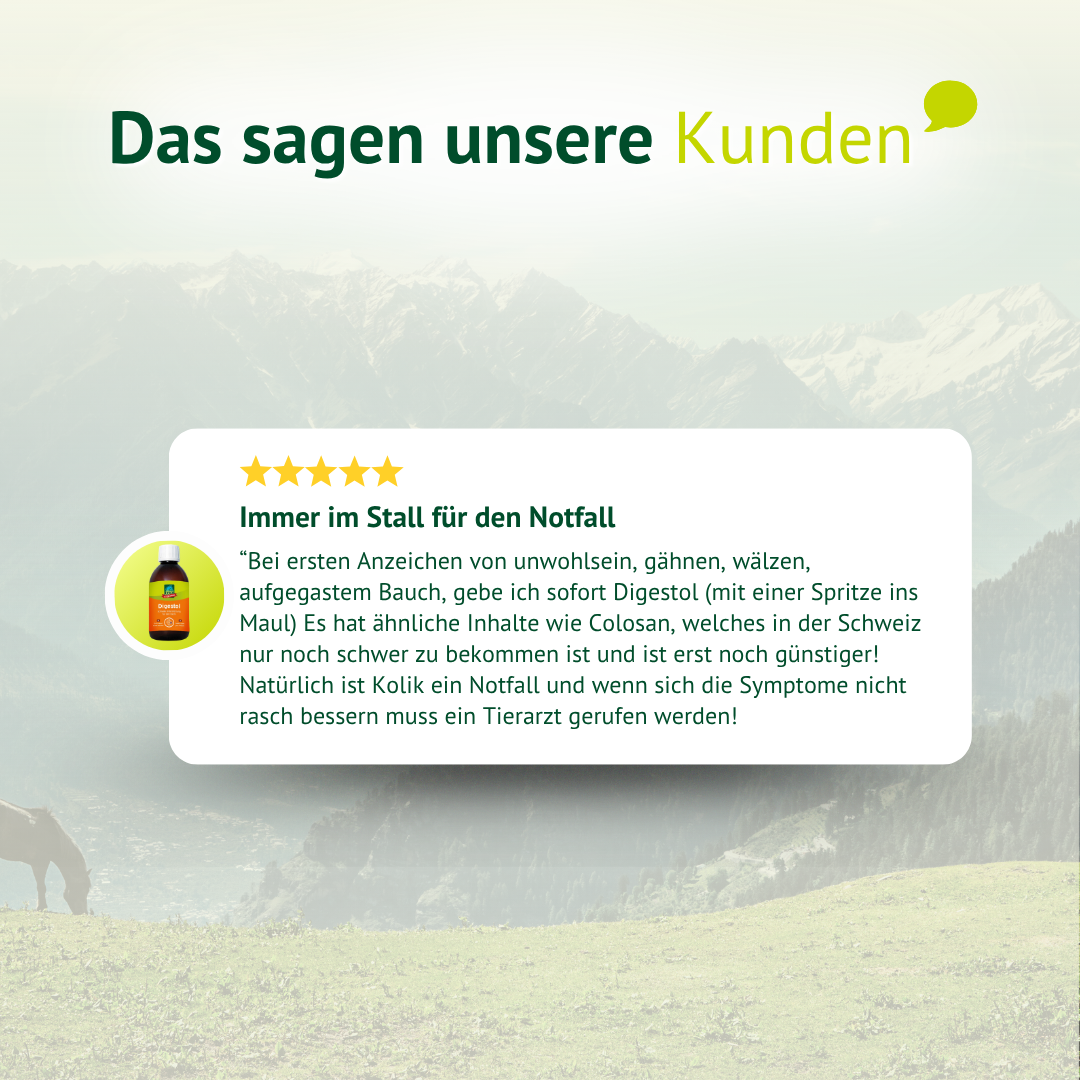 Kundenbewertung zu LEXA Digestol mit Empfehlung als Unterstützung für Pferde bei plötzlichem Unwohlsein.
