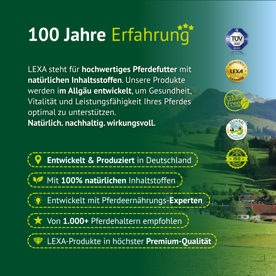 100 Jahre Erfahrung mit Pferdefutter – LEXA steht für Qualität, natürliche Inhaltsstoffe und Expertise