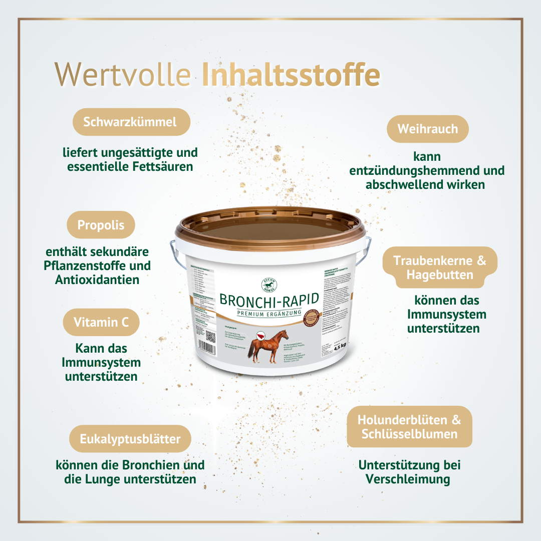 Wichtige Inhaltsstoffe von ATCOM Bronchi-Rapid wie Schwarzkümmel, Propolis, Vitamin C, Hagebutten und Eukalyptusblätter