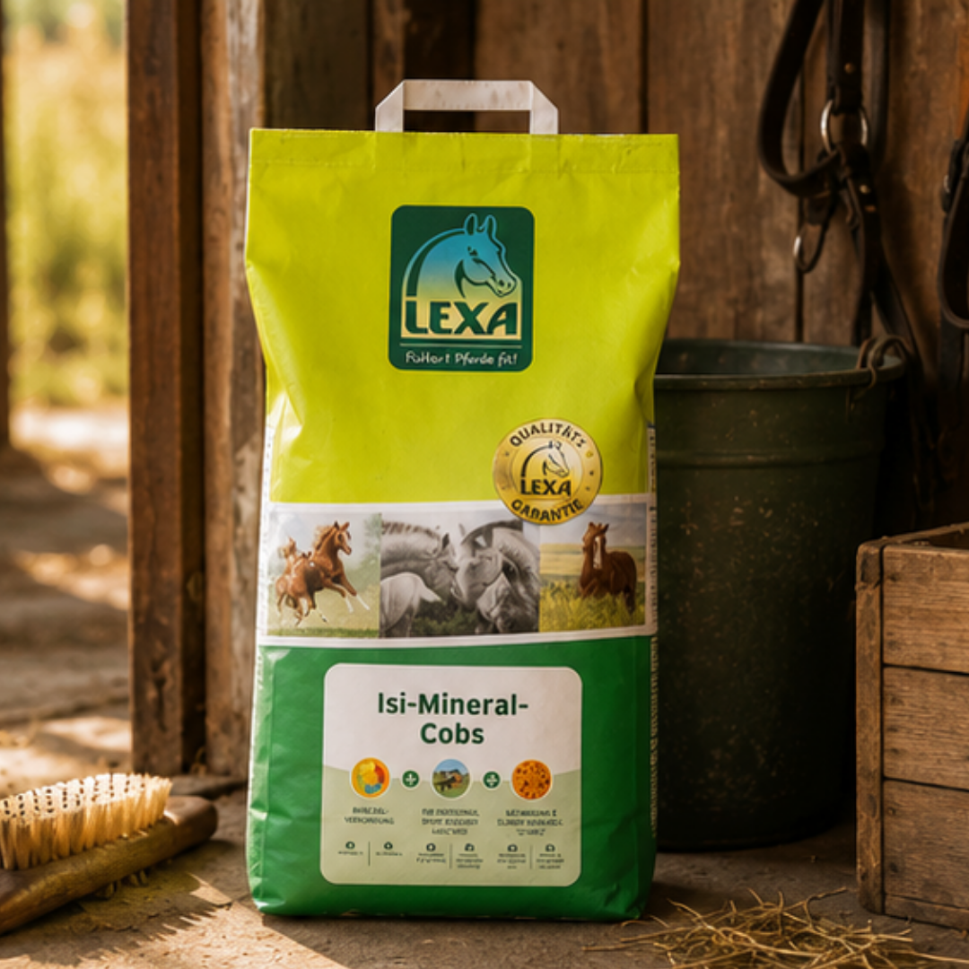 LEXA Isi-Mineral-Cobs Futtersack im Stall neben Futtereimer und Stroh.