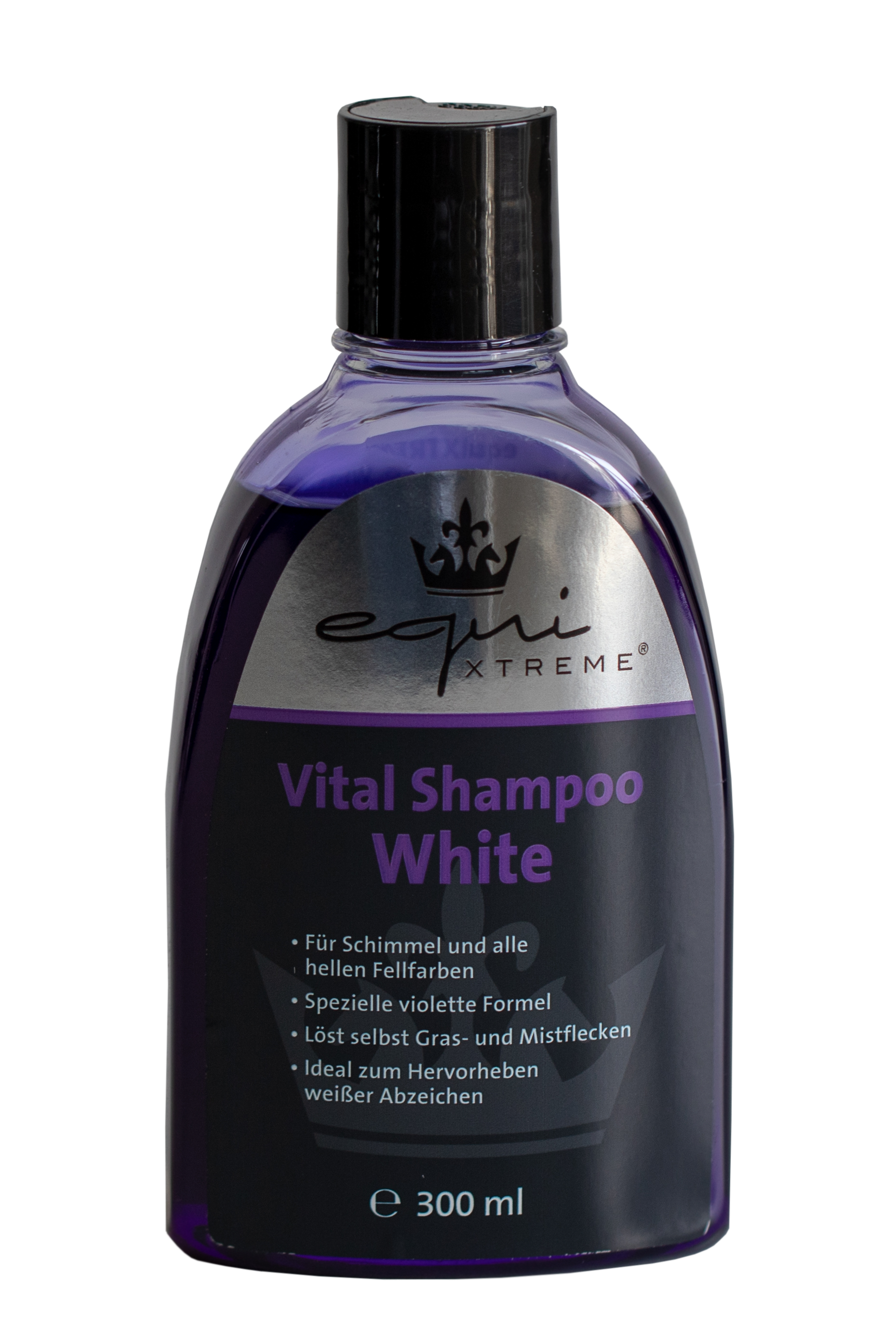 equiXTREME Vital Shampoo White Flasche mit equi XTREME Vital Shampoo White, 300 ml, für Schimmel und helle Fellfarben, spezielle Formel zur Fleckenentfernung.