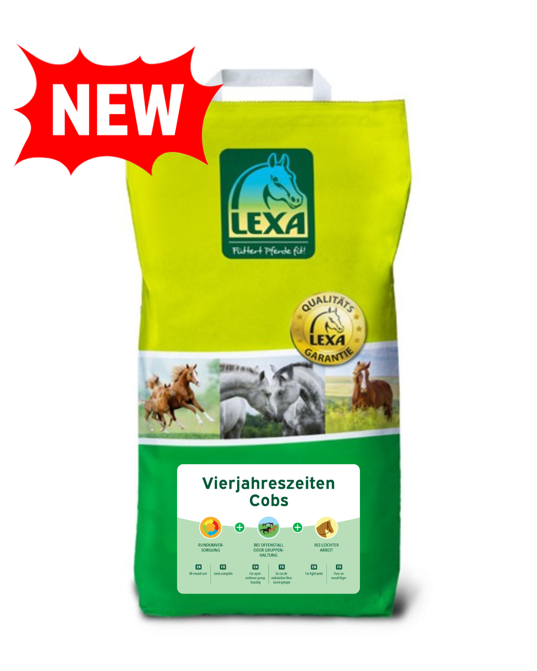 Sack mit LEXA Vierjahreszeiten Cobs für Pferde, grüne Verpackung (Beutel) mit Bildern von Pferden.
