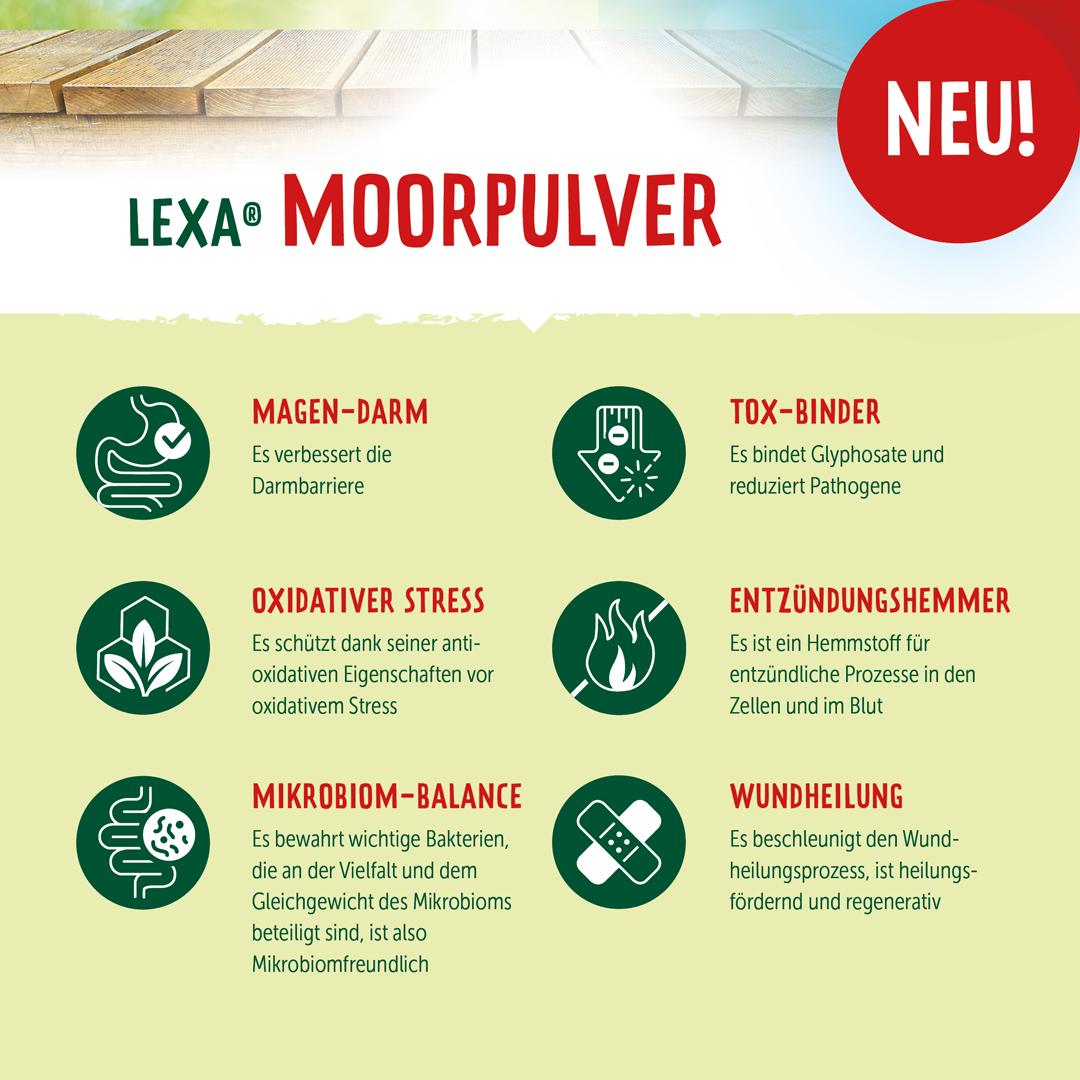 LEXA® Moorpulver Produktinformation Produktinformation zu LEXA® Moorpulver mit Vorteilen für Magen-Darm, oxidativen Stress, Mikrobiom-Balance und Wundheilung.