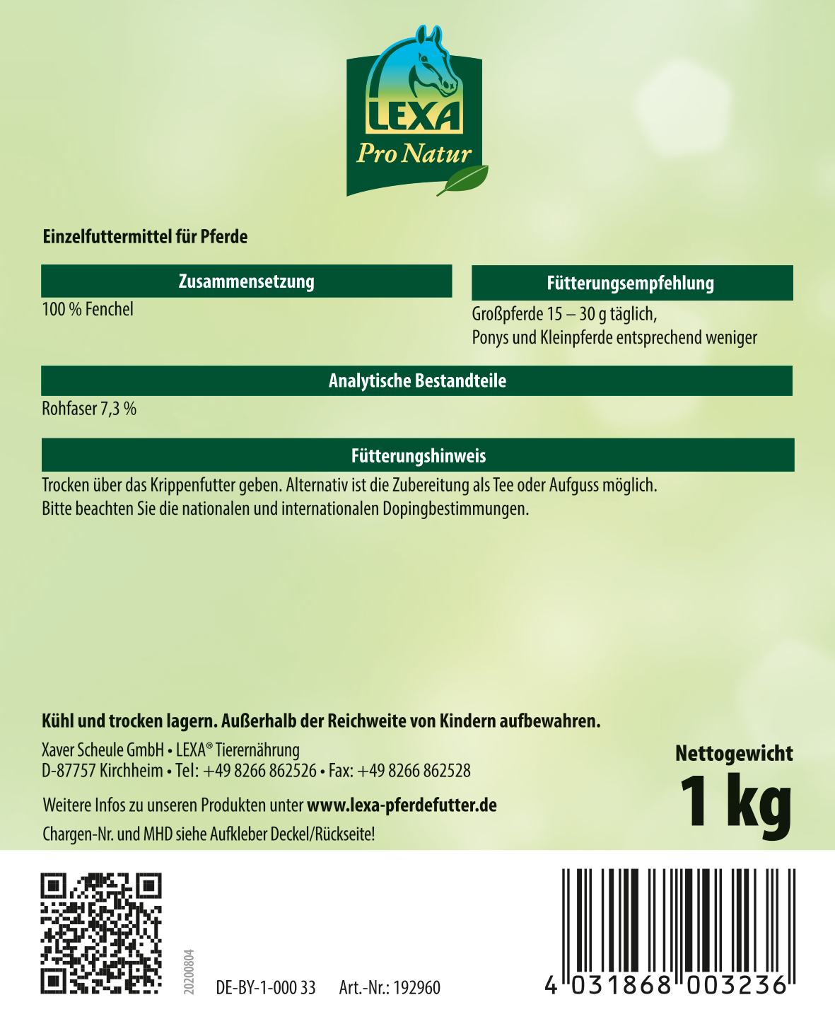 LEXA Pro Natur Pferdefutter 1 kg Fenchel Etikett von LEXA Pro Natur Pferdefutter mit Inhaltsstoffen und Fütterungshinweisen.
