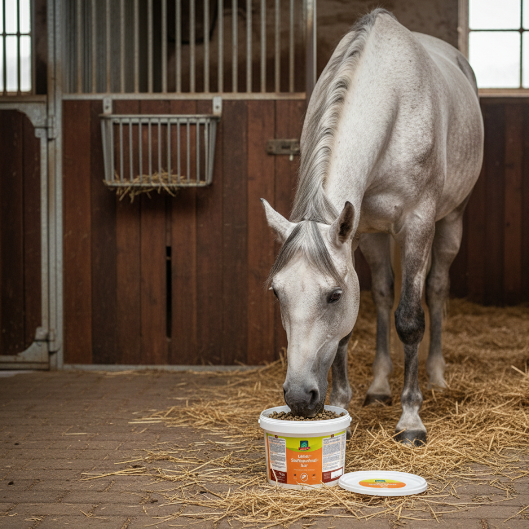 Graues Pferd frisst im Stall aus einem Eimer mit der LEXA Leber-Stoffwechsel-Kur.
