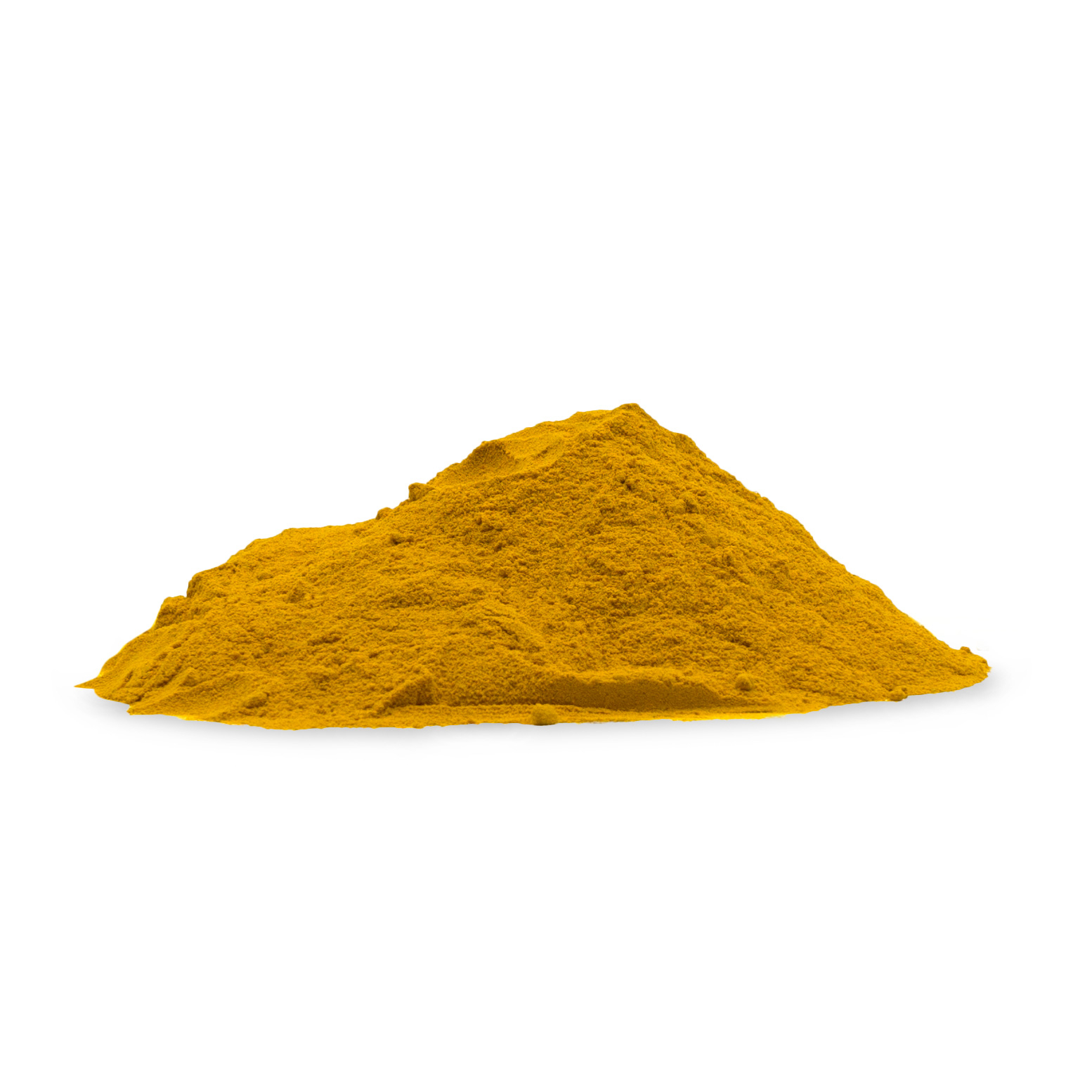 Gelbes Kurkumapulver Kleine Menge von gelbem Kurkumapulver auf weißem Hintergrund.