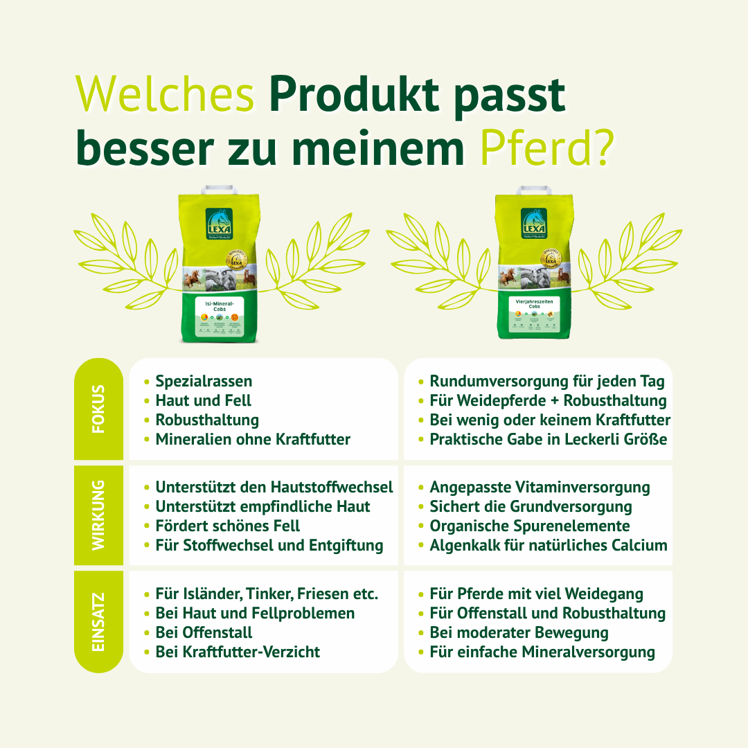 Produktvergleich zwischen LEXA Isi-Mineral-Cobs und Mineralcobs für unterschiedliche Bedürfnisse von Pferden.
