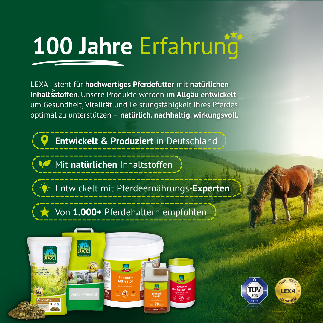 LEXA Markenmotiv mit Produktvielfalt auf Pferdeweide und Hinweis auf Entwicklung in Deutschland